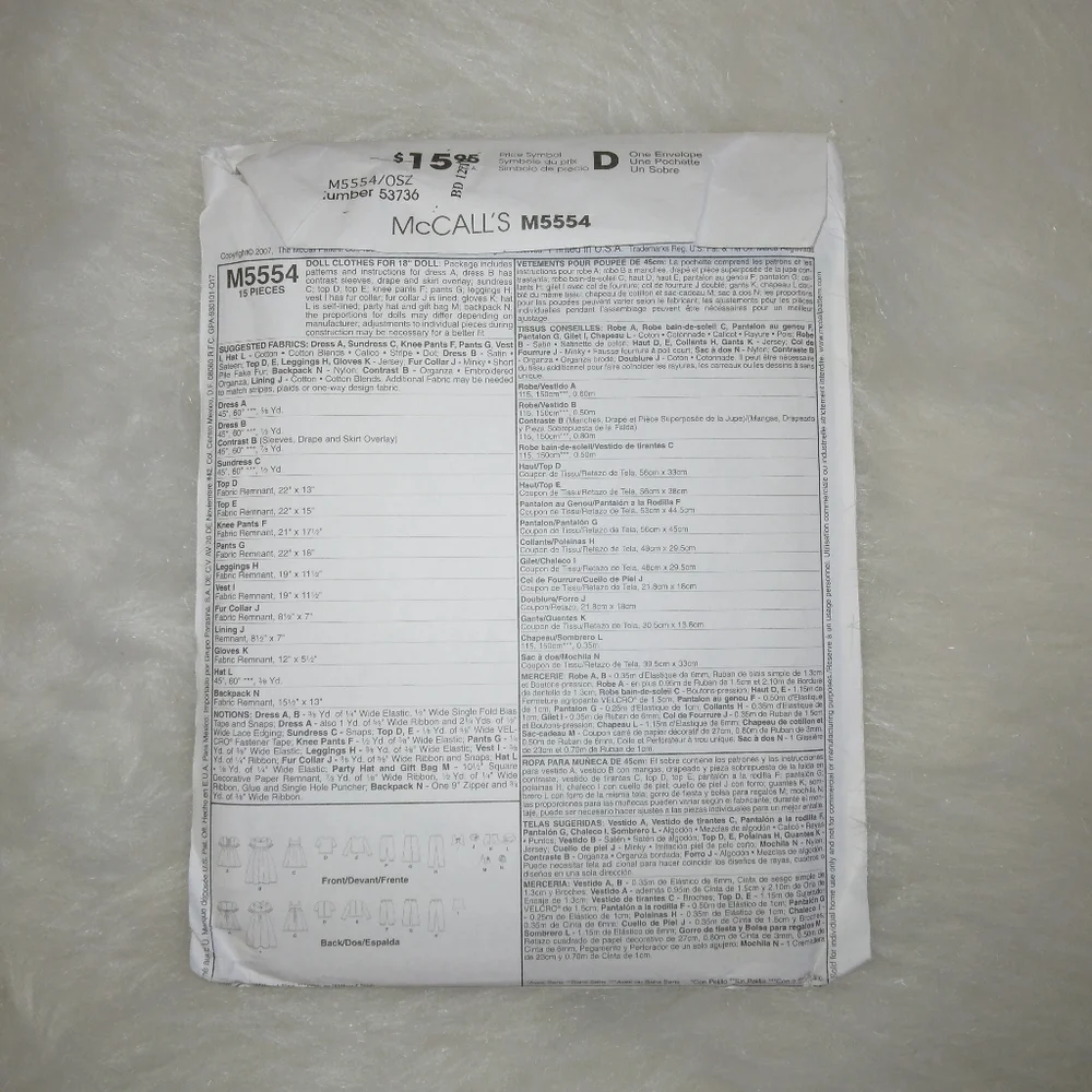 MCCALL'S M5554 Outfits for American Girl Doll and other 18